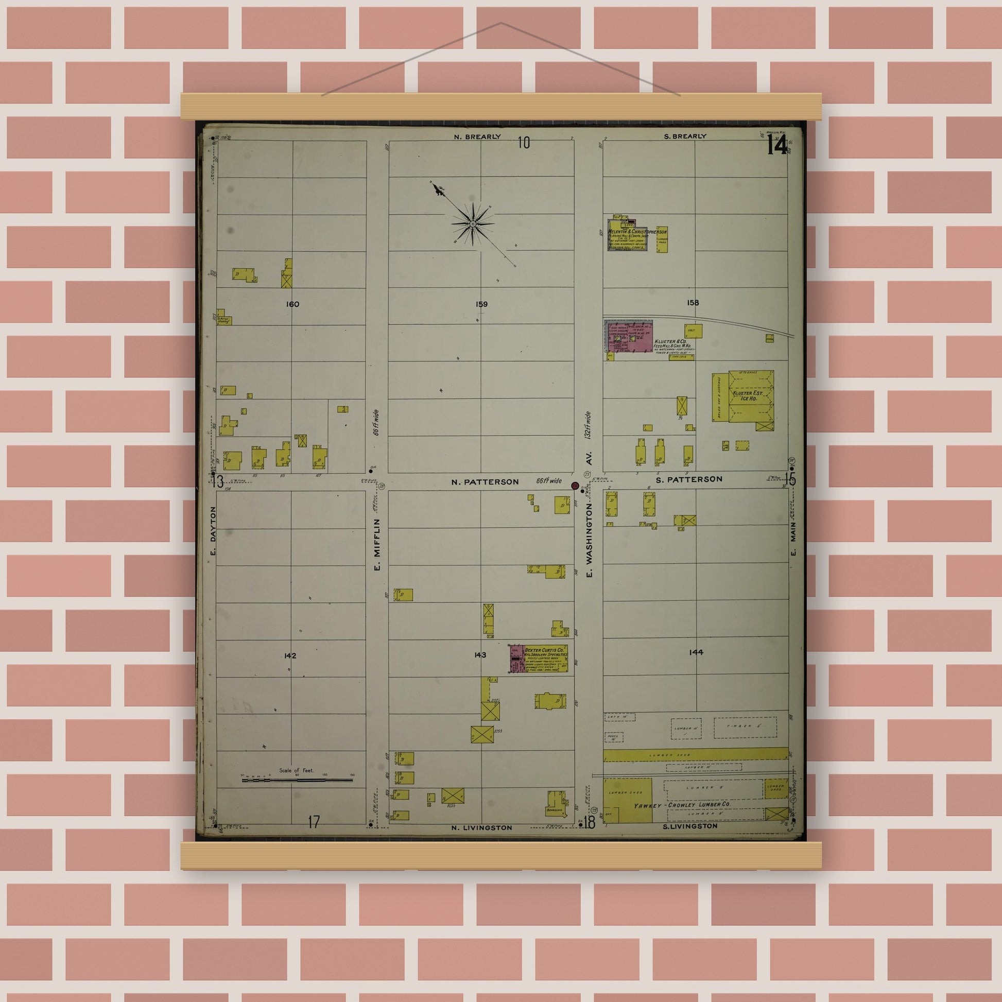 Old map wall art mockup — magnetic wood frame on brick wall — Sanborn Fire Insurance Map from Madison, Dane County, Wisconsin (1908), Sheet #0014