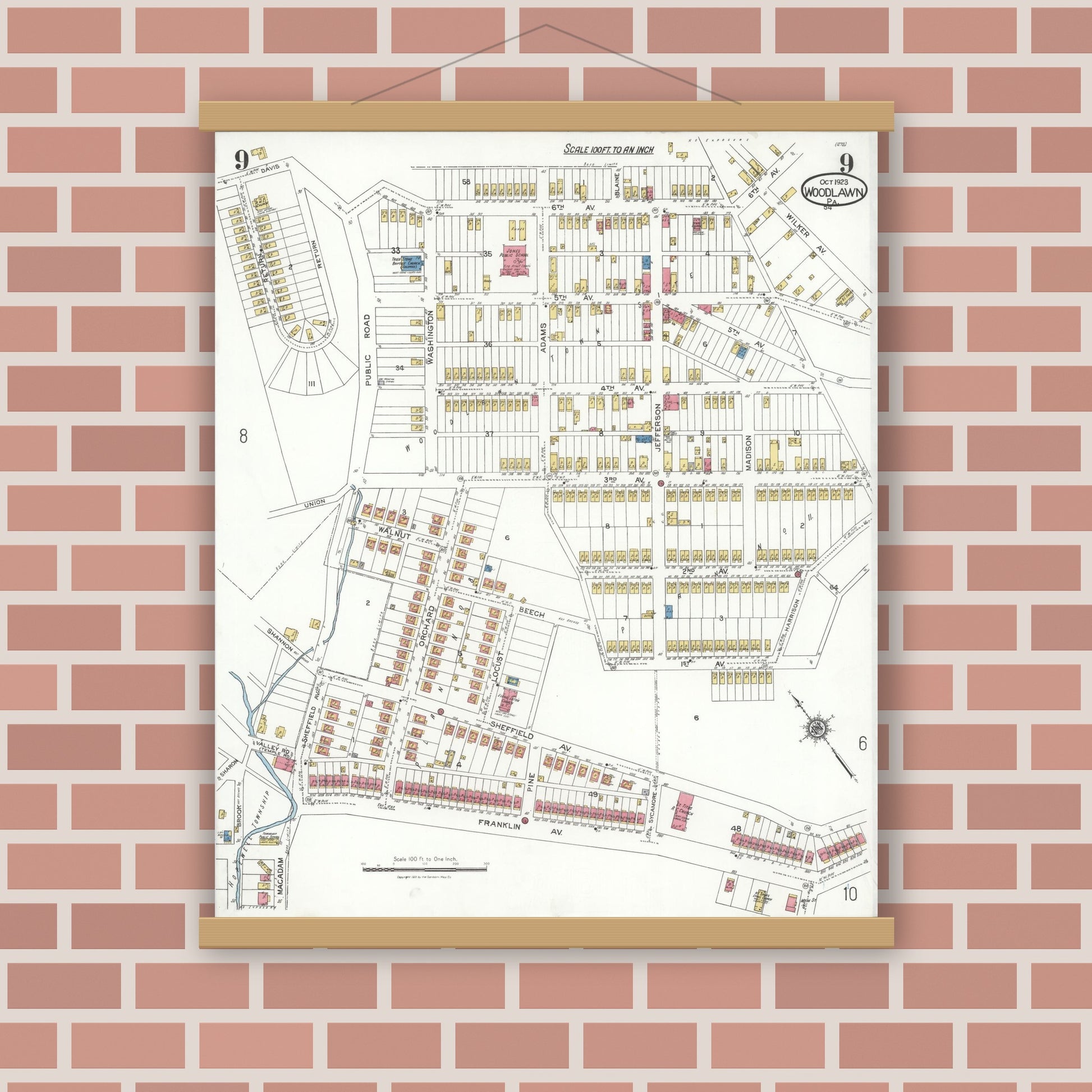 Old map wall art mockup — magnetic wood frame on brick wall — Sanborn Fire Insurance Map from Woodlawn, Beaver County, Pennsylvania (1923), Sheet #0009