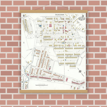 Old map wall art mockup — magnetic wood frame on brick wall — Sanborn Fire Insurance Map from Woodlawn, Beaver County, Pennsylvania (1923), Sheet #0009