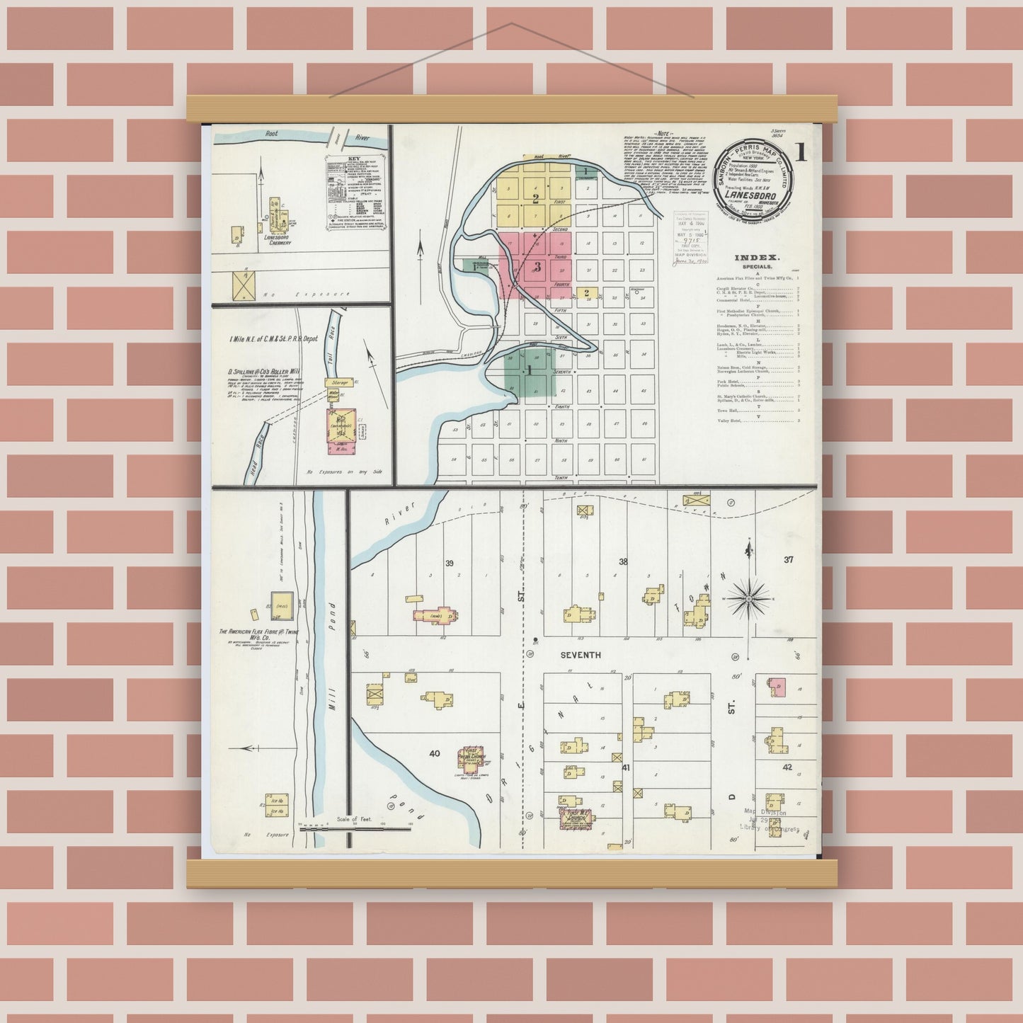 Old map wall art mockup — magnetic wood frame on brick wall — Sanborn Fire Insurance Map from Lanesboro, Fillmore County, Minnesota (1900) - Complete Map Set