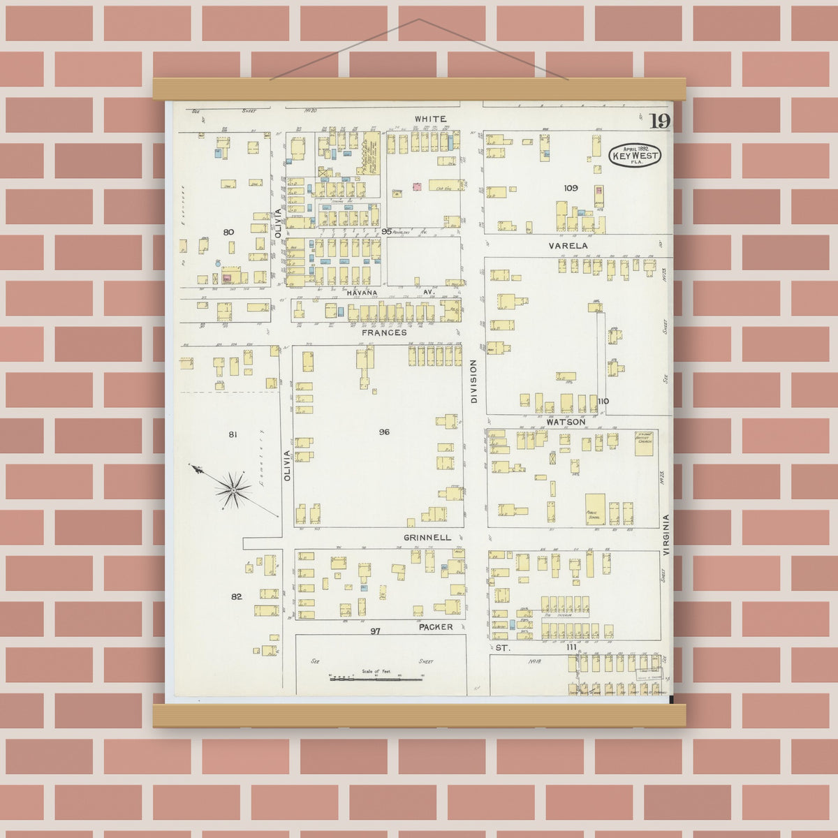 Old map wall art mockup — magnetic wood frame on brick wall — Sanborn Fire Insurance Map from Key West, Monroe County, Florida (1892), Sheet #0019