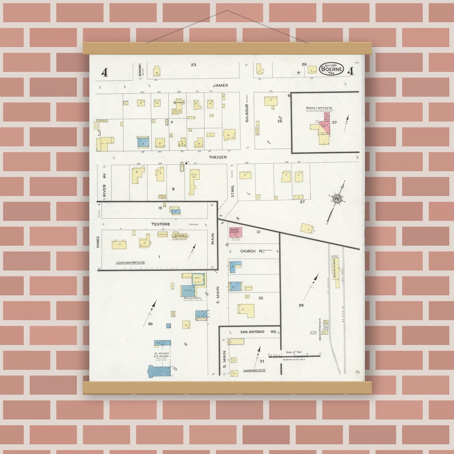 Old map wall art mockup — magnetic wood frame on brick wall — Sanborn Fire Insurance Map from Boerne, Kendall County, Texas (1924), Sheet #0004