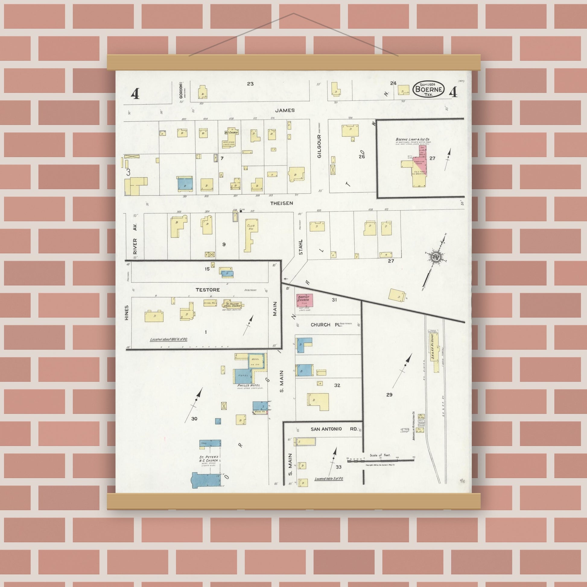 Old map wall art mockup — magnetic wood frame on brick wall — Sanborn Fire Insurance Map from Boerne, Kendall County, Texas (1924), Sheet #0004