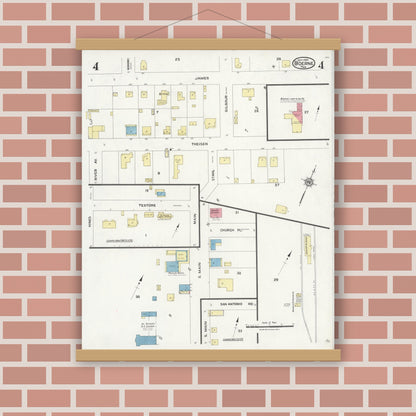 Old map wall art mockup — magnetic wood frame on brick wall — Sanborn Fire Insurance Map from Boerne, Kendall County, Texas (1924), Sheet #0004