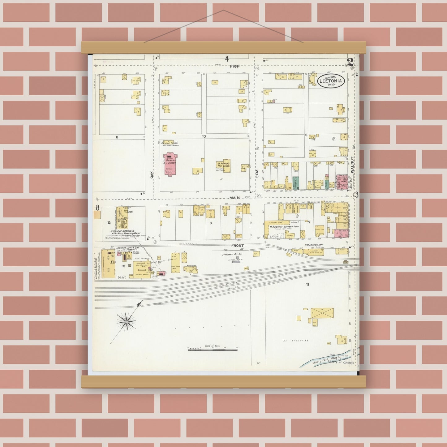 Old map wall art mockup — magnetic wood frame on brick wall — Sanborn Fire Insurance Map from Leetonia, Columbiana County, Ohio (1903), Sheet #0002