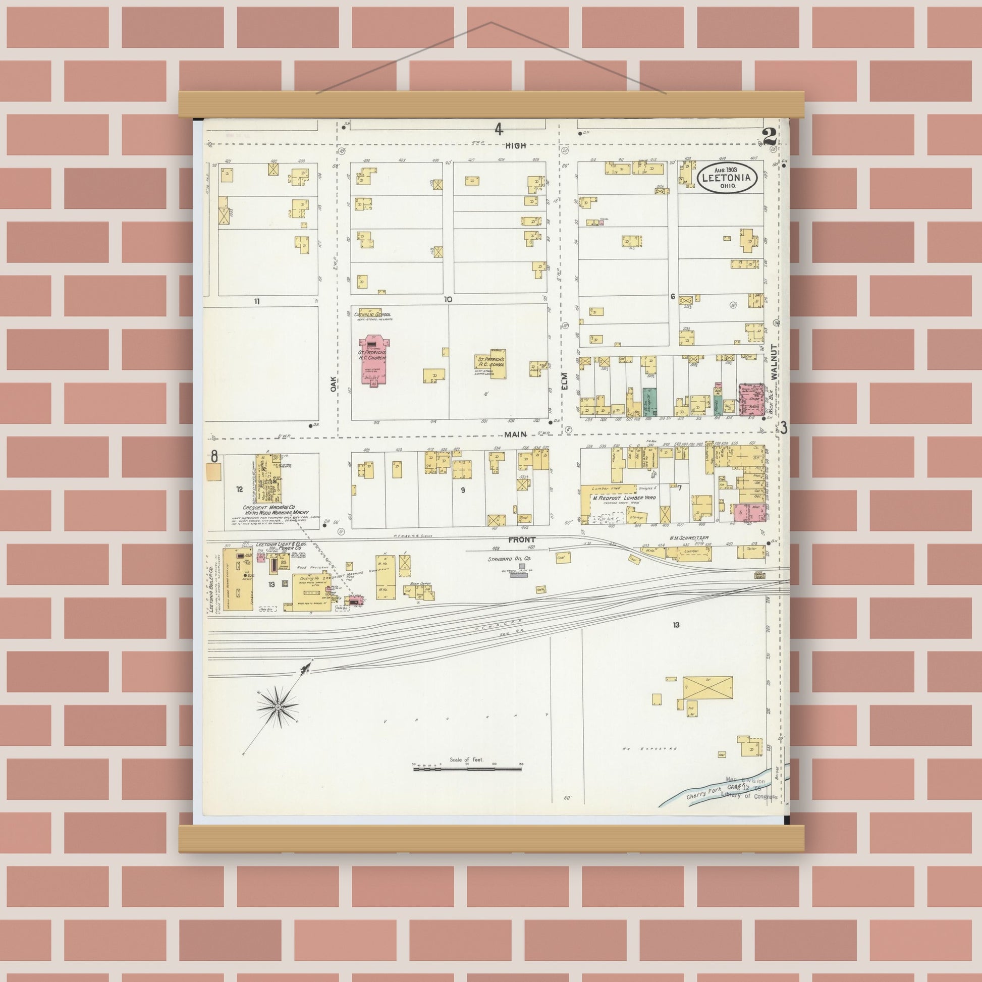 Old map wall art mockup — magnetic wood frame on brick wall — Sanborn Fire Insurance Map from Leetonia, Columbiana County, Ohio (1903), Sheet #0002