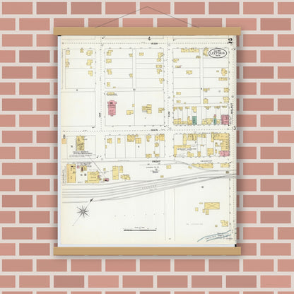 Old map wall art mockup — magnetic wood frame on brick wall — Sanborn Fire Insurance Map from Leetonia, Columbiana County, Ohio (1903), Sheet #0002