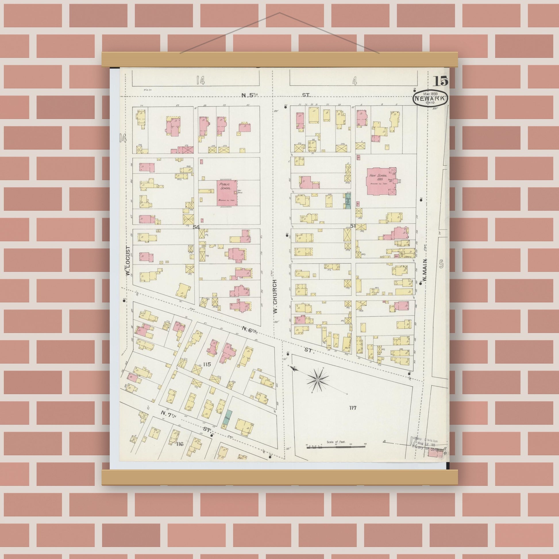 Old map wall art mockup — magnetic wood frame on brick wall — Sanborn Fire Insurance Map from Newark, Licking County, Ohio (1893), Sheet #0015