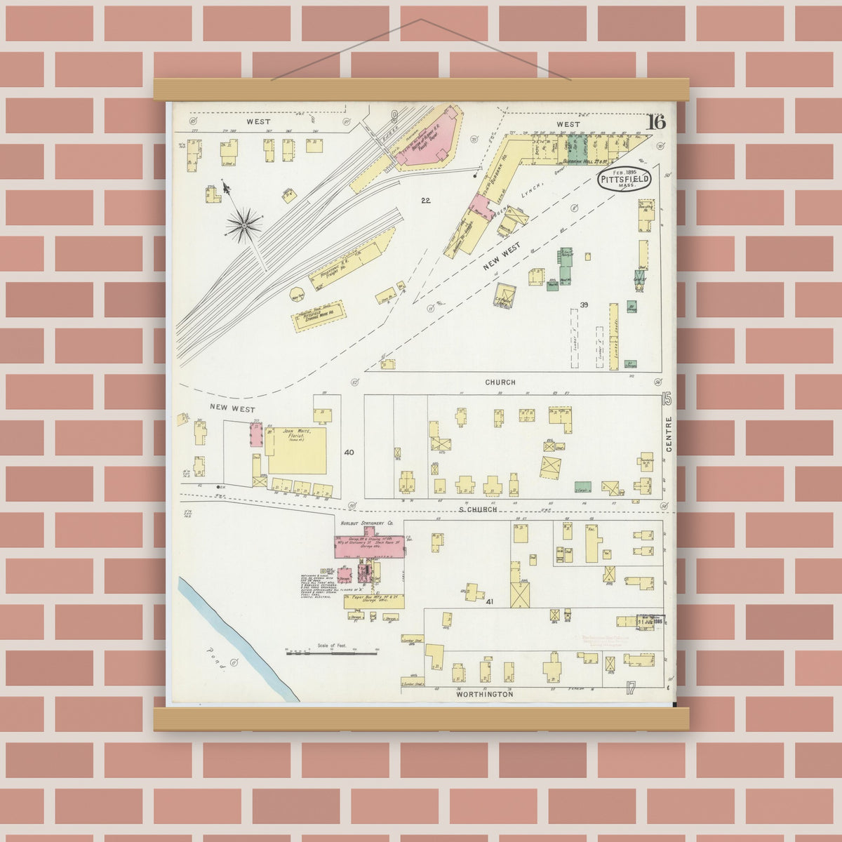 Old map wall art mockup — magnetic wood frame on brick wall — Sanborn Fire Insurance Map from Pittsfield, Berkshire County, Massachusetts (1895), Sheet #0016