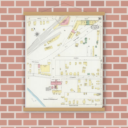Old map wall art mockup — magnetic wood frame on brick wall — Sanborn Fire Insurance Map from Pittsfield, Berkshire County, Massachusetts (1895), Sheet #0016