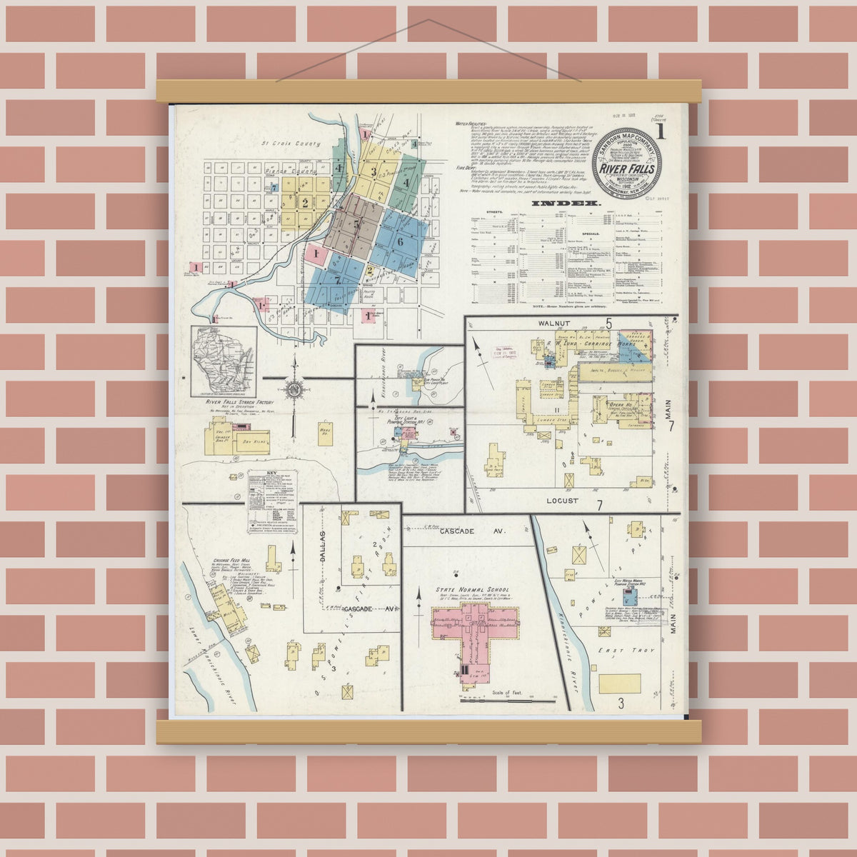 Old map wall art mockup — magnetic wood frame on brick wall — Sanborn Fire Insurance Map from River Falls, St. Croix and Pierce Counties, Wisconsin (1912) - Complete Map Set