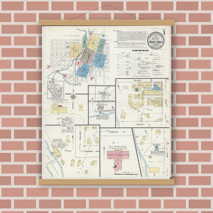 Old map wall art mockup — magnetic wood frame on brick wall — Sanborn Fire Insurance Map from River Falls, St. Croix and Pierce Counties, Wisconsin (1912) - Complete Map Set