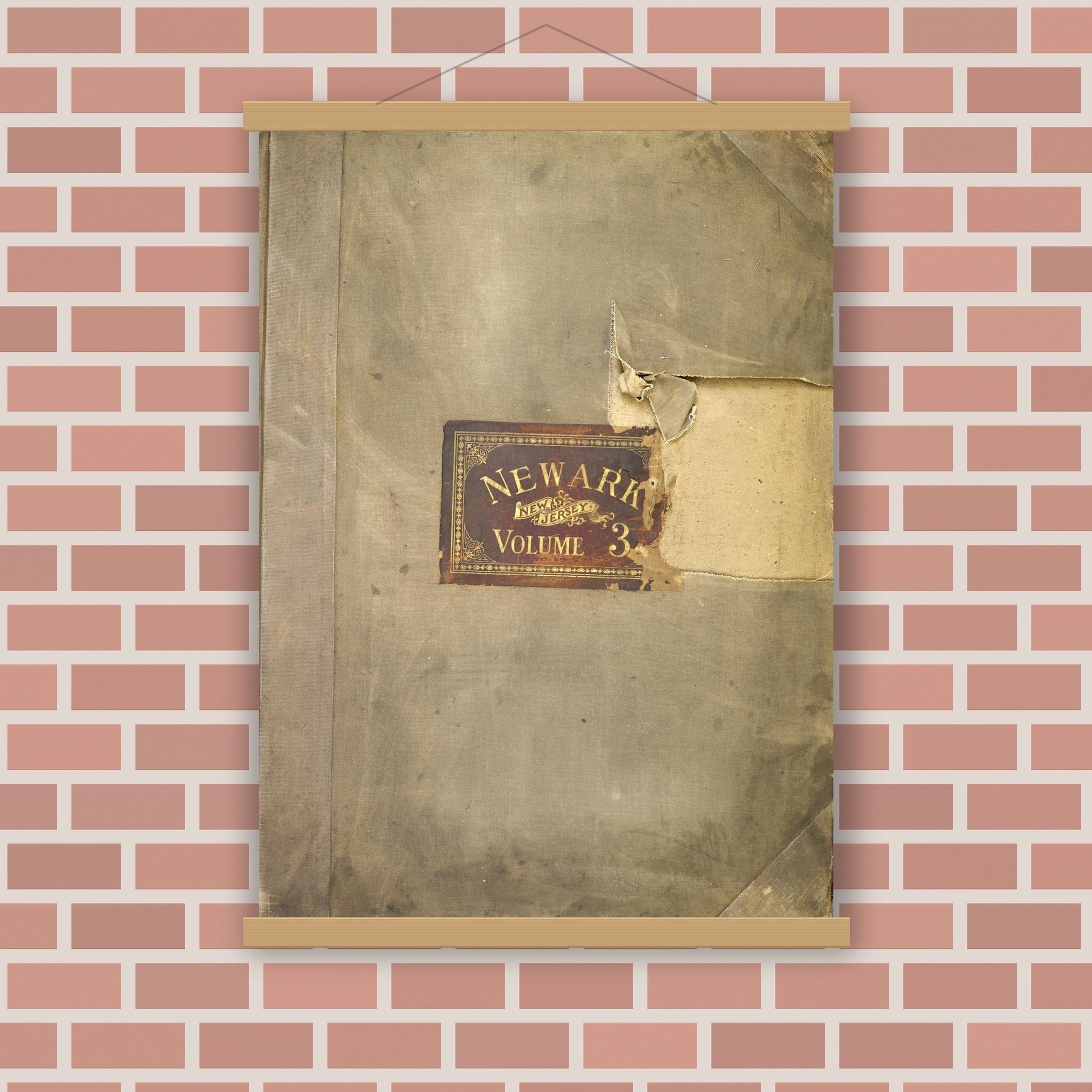 Old map wall art mockup — magnetic wood frame on brick wall — Sanborn Fire Insurance Map from Newark, Essex County, New Jersey (1930), Sheet #0001