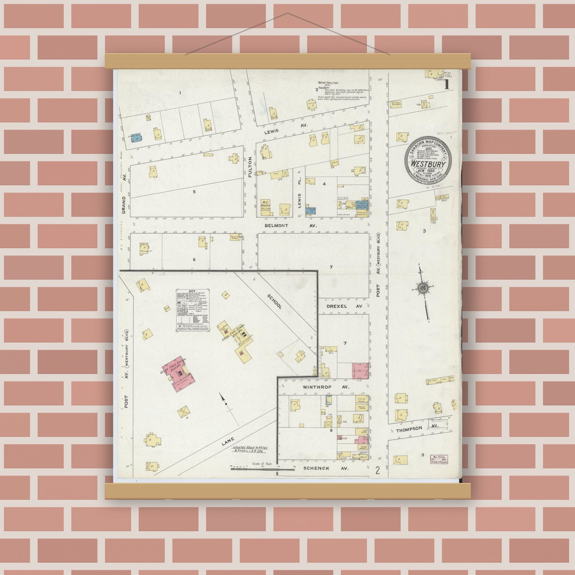 Old map wall art mockup — magnetic wood frame on brick wall — Sanborn Fire Insurance Map from Westbury, Nassau County, New York (1910), Sheet #0001
