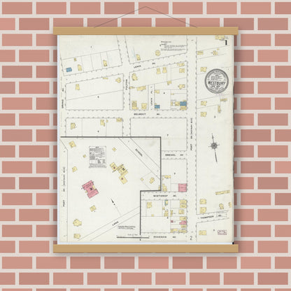 Old map wall art mockup — magnetic wood frame on brick wall — Sanborn Fire Insurance Map from Westbury, Nassau County, New York (1910), Sheet #0001