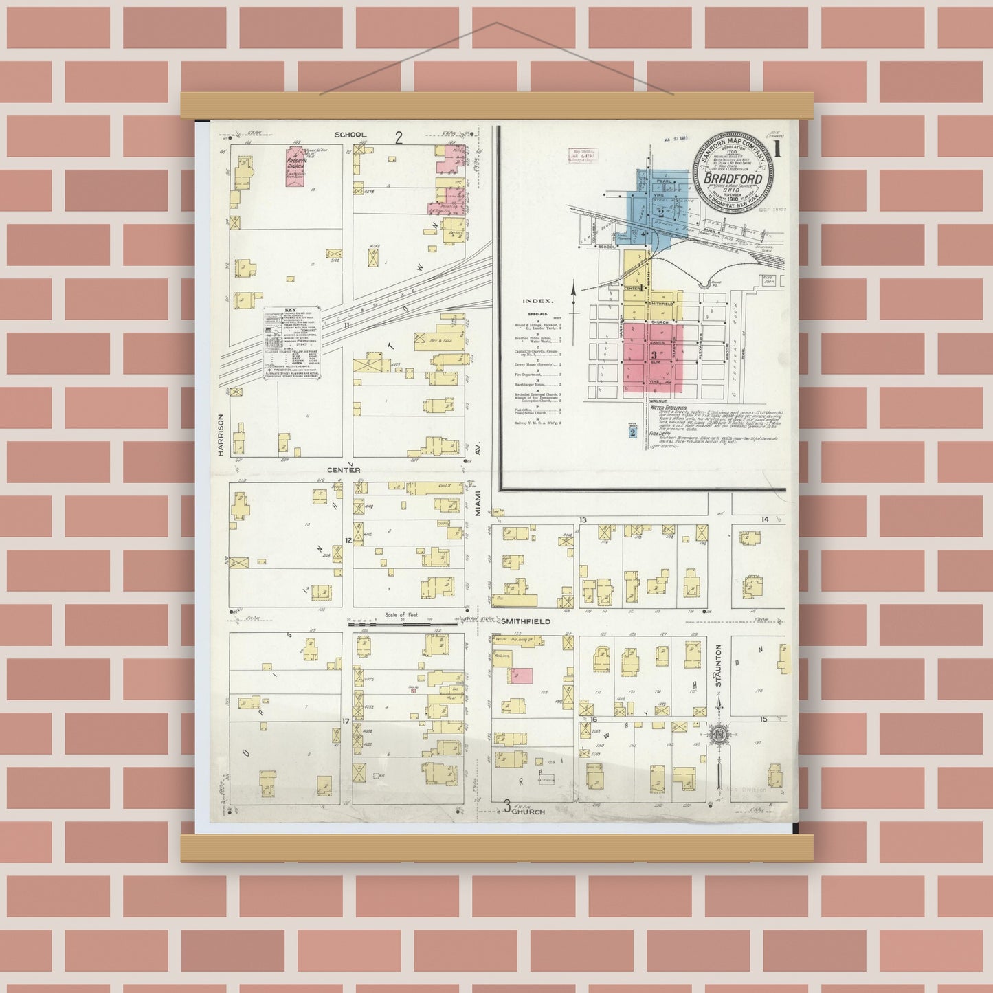 Old map wall art mockup — magnetic wood frame on brick wall — Sanborn Fire Insurance Map from Bradford, Darke and Miami Counties, Ohio (1910) - Complete Map Set