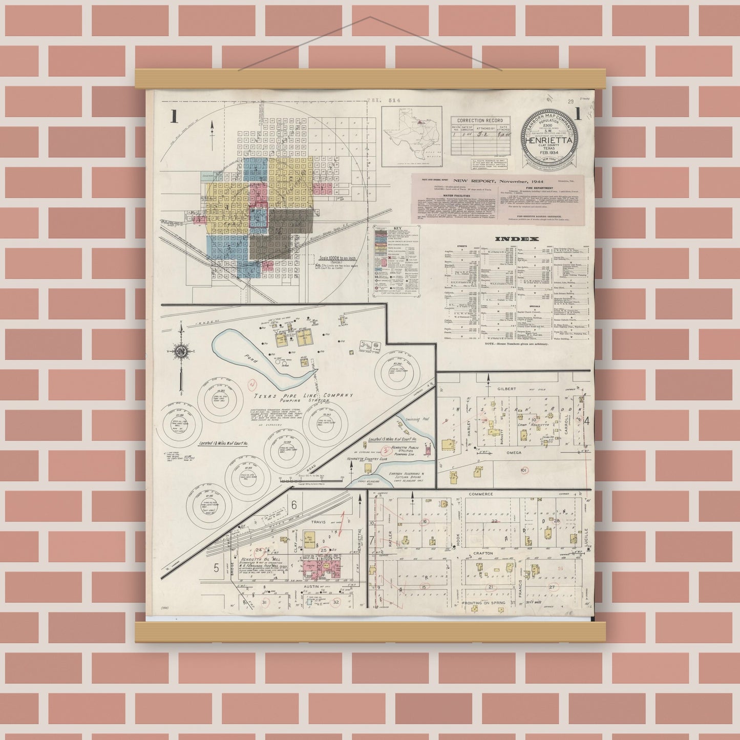 Old map wall art mockup — magnetic wood frame on brick wall — Sanborn Fire Insurance Map from Henrietta, Clay County, Texas (1944) - Complete Map Set