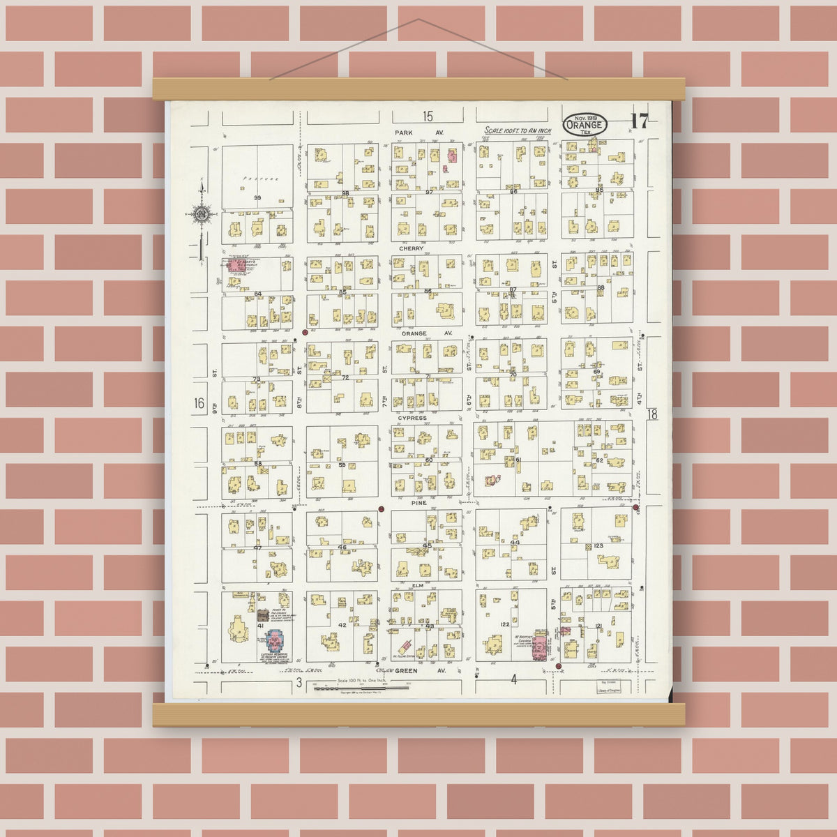Old map wall art mockup — magnetic wood frame on brick wall — Sanborn Fire Insurance Map from Orange, Orange County, Texas (1919), Sheet #0017