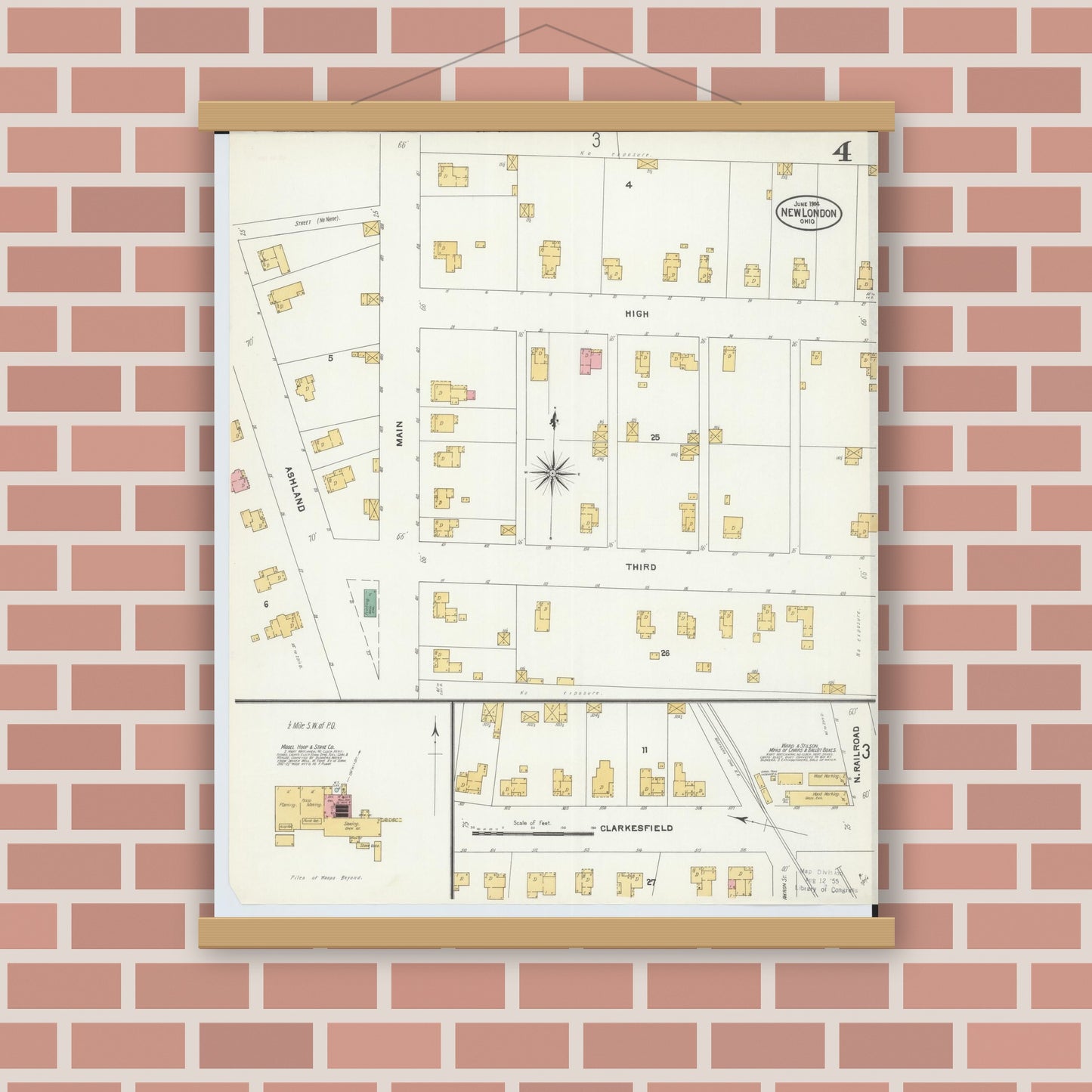 Old map wall art mockup — magnetic wood frame on brick wall — Sanborn Fire Insurance Map from New London, Huron County, Ohio (1904), Sheet #0004