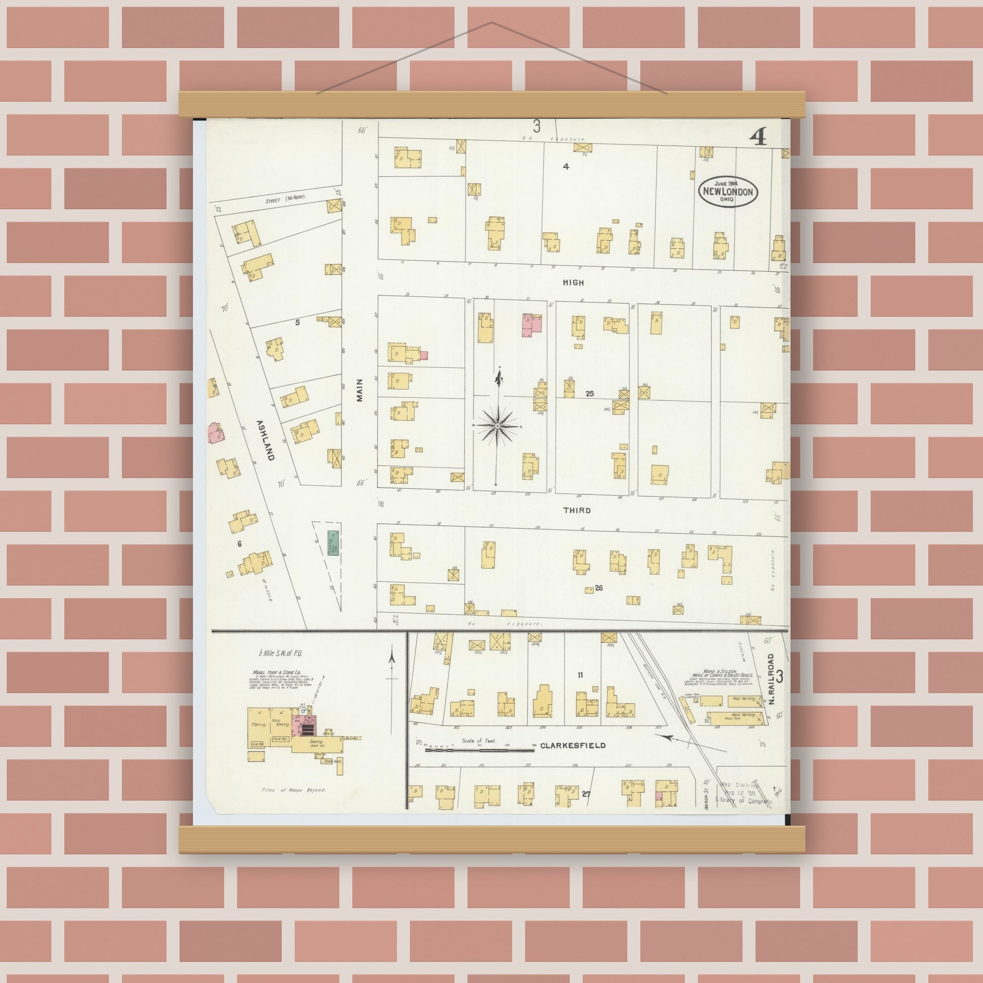 Old map wall art mockup — magnetic wood frame on brick wall — Sanborn Fire Insurance Map from New London, Huron County, Ohio (1904), Sheet #0004