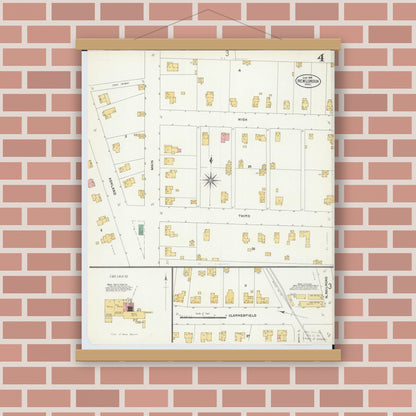 Old map wall art mockup — magnetic wood frame on brick wall — Sanborn Fire Insurance Map from New London, Huron County, Ohio (1904), Sheet #0004