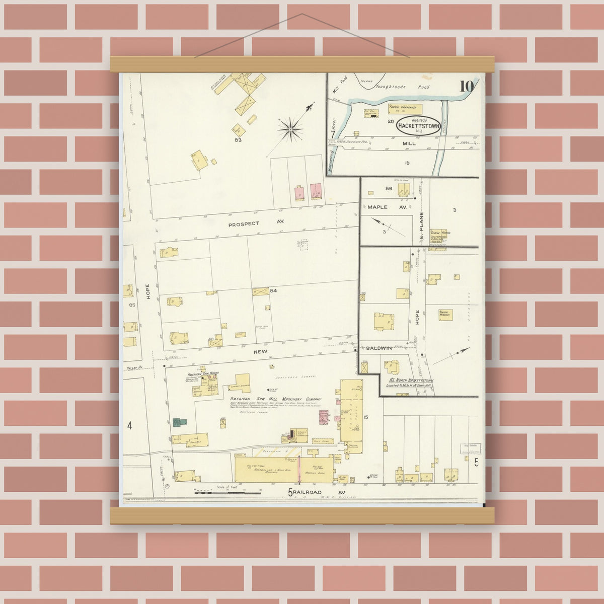 Old map wall art mockup — magnetic wood frame on brick wall — Sanborn Fire Insurance Map from Hackettstown, Warren County, New Jersey (1909), Sheet #0010