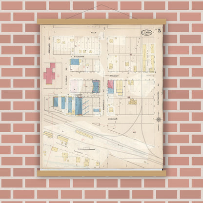 Old map wall art mockup — magnetic wood frame on brick wall — Sanborn Fire Insurance Map from Llano, Llano County, Texas (1942), Sheet #0005