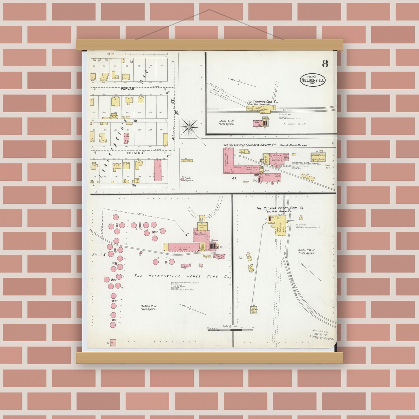 Old map wall art mockup — magnetic wood frame on brick wall — Sanborn Fire Insurance Map from Nelsonville, Athens County, Ohio (1900), Sheet #0008