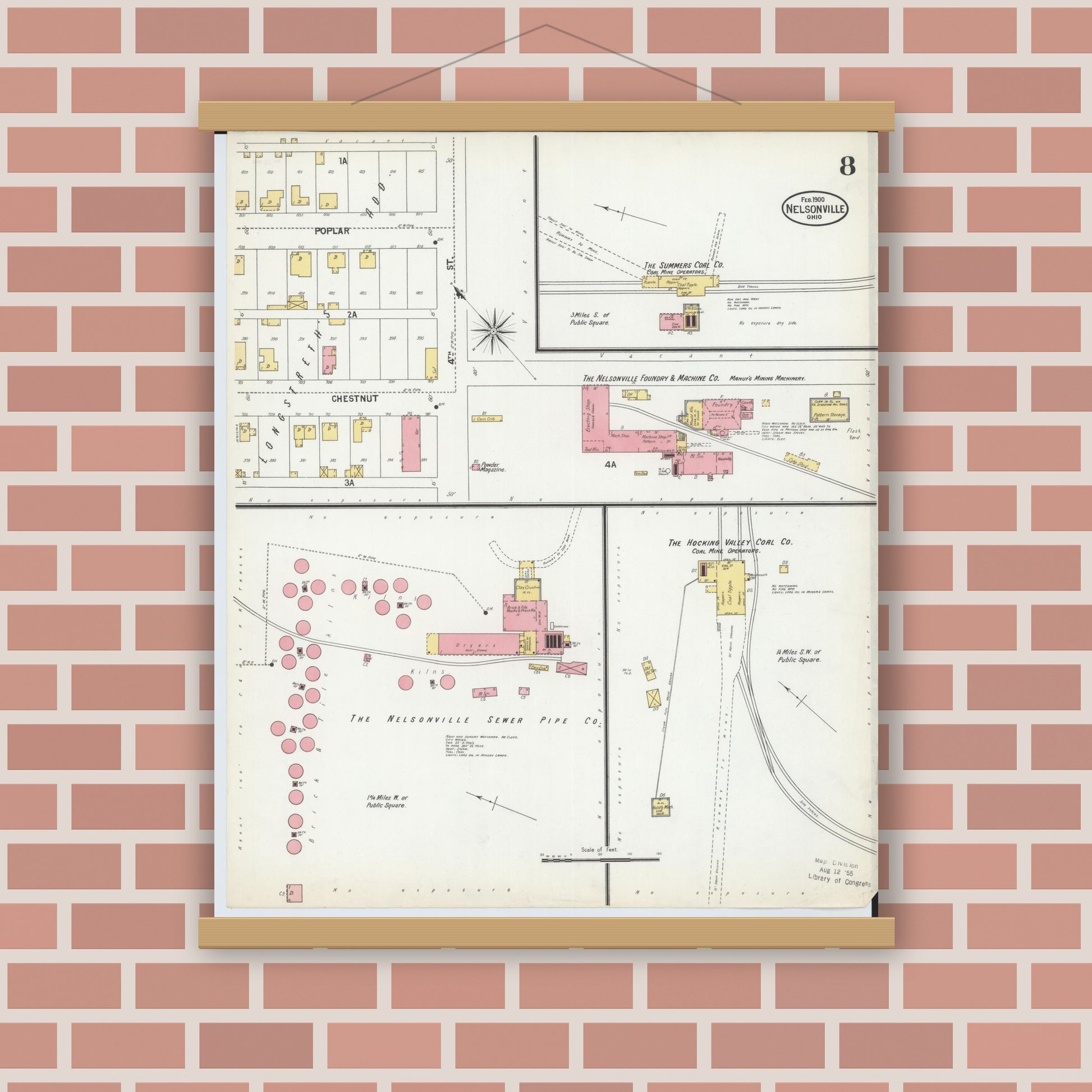 Old map wall art mockup — magnetic wood frame on brick wall — Sanborn Fire Insurance Map from Nelsonville, Athens County, Ohio (1900), Sheet #0008