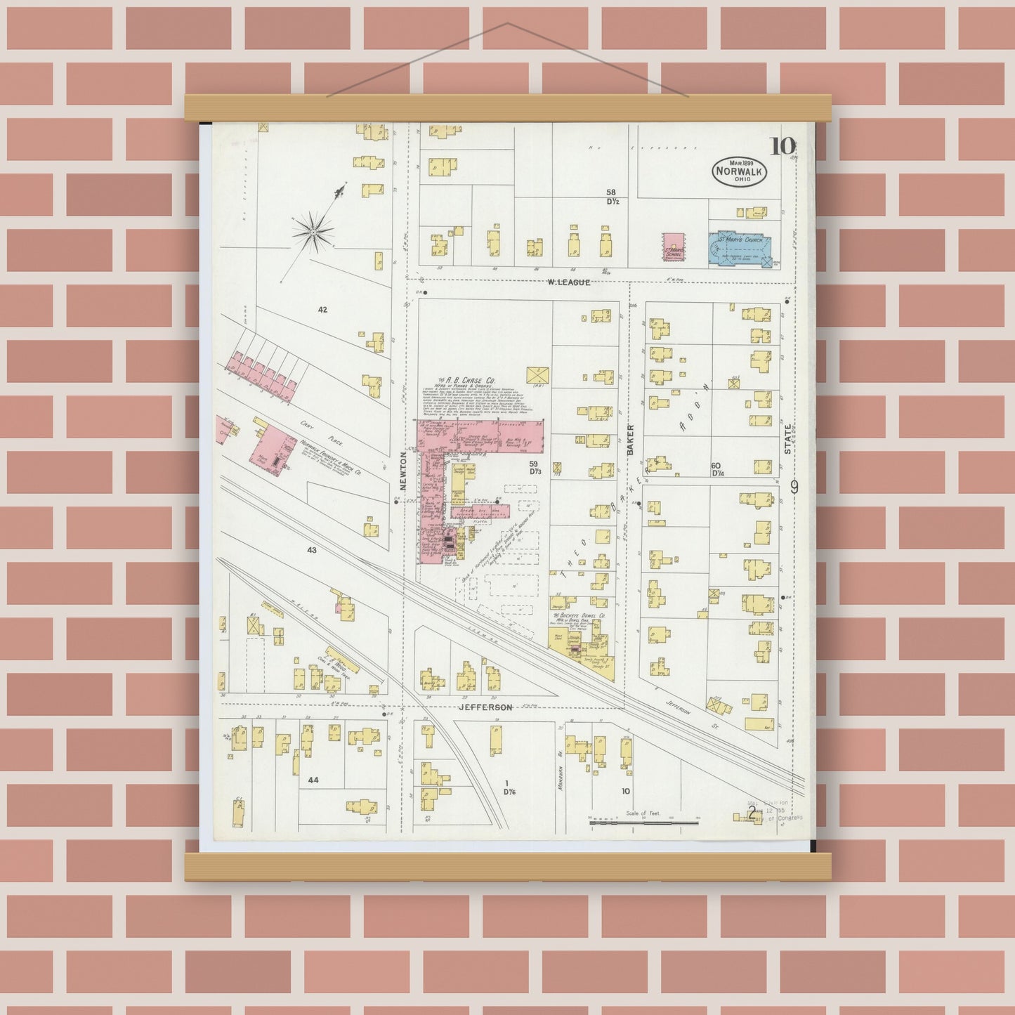 Old map wall art mockup — magnetic wood frame on brick wall — Sanborn Fire Insurance Map from Norwalk, Huron County, Ohio (1899), Sheet #0010