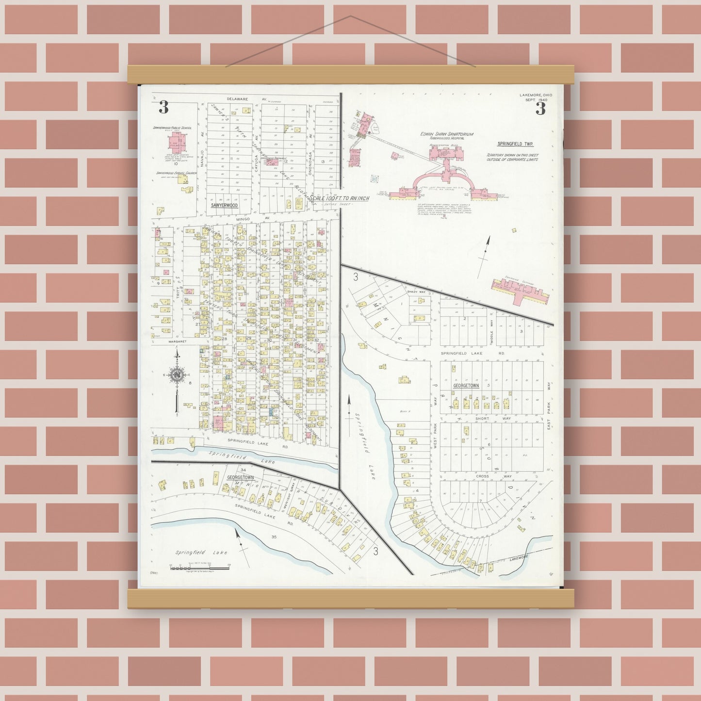 Old map wall art mockup — magnetic wood frame on brick wall — Sanborn Fire Insurance Map from Lakemore, Summit County, Ohio (1940), Sheet #0003