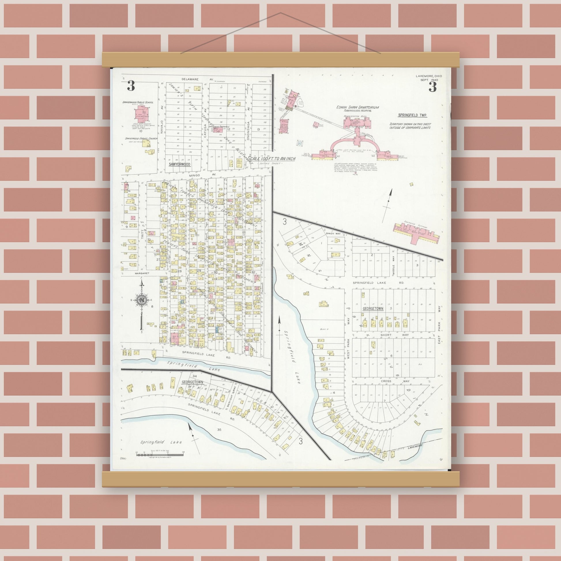Old map wall art mockup — magnetic wood frame on brick wall — Sanborn Fire Insurance Map from Lakemore, Summit County, Ohio (1940), Sheet #0003