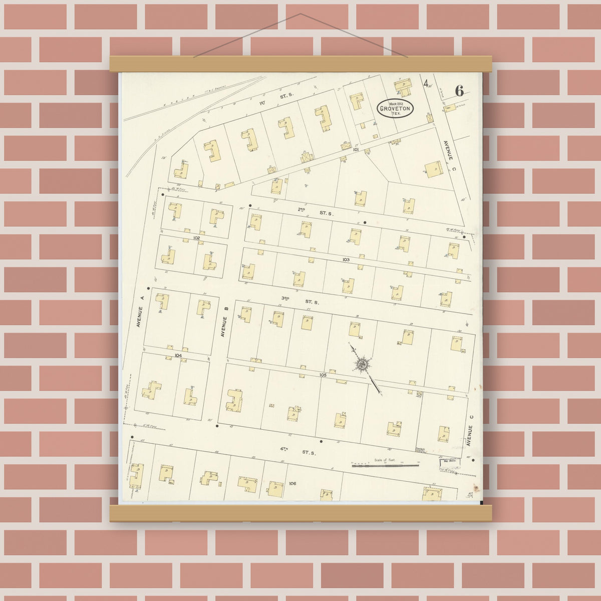 Old map wall art mockup — magnetic wood frame on brick wall — Sanborn Fire Insurance Map from Groveton, Trinity County, Texas (1912), Sheet #0006