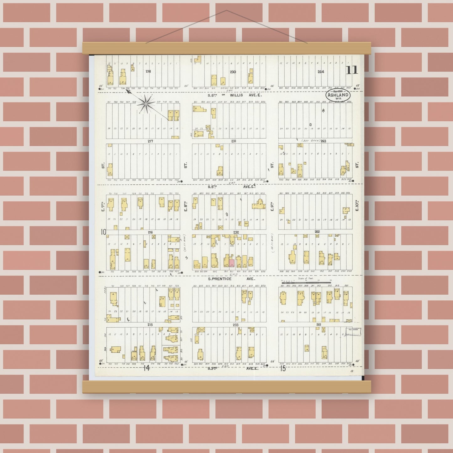 Old map wall art mockup — magnetic wood frame on brick wall — Sanborn Fire Insurance Map from Ashland, Ashland County, Wisconsin (1901), Sheet #0011