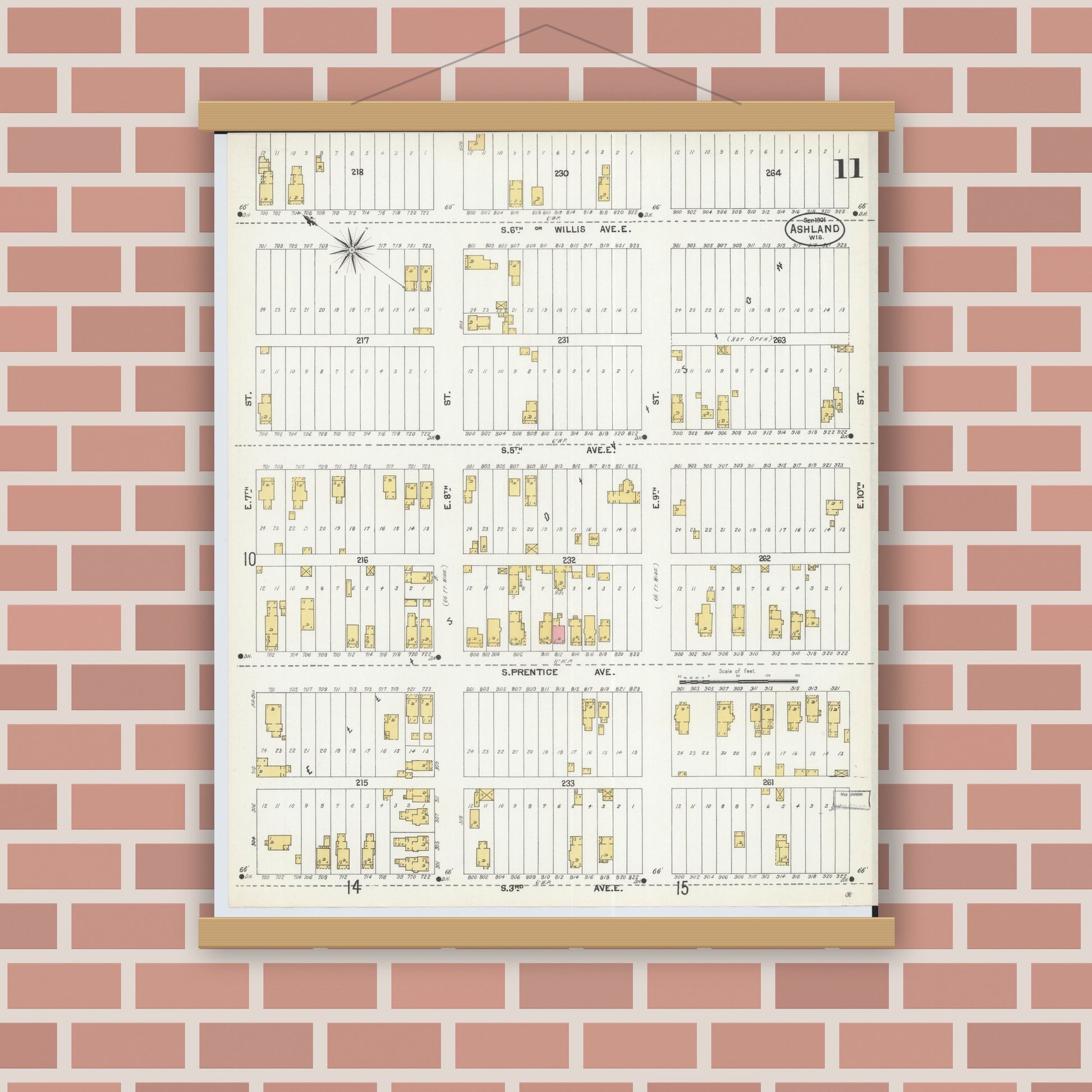 Old map wall art mockup — magnetic wood frame on brick wall — Sanborn Fire Insurance Map from Ashland, Ashland County, Wisconsin (1901), Sheet #0011