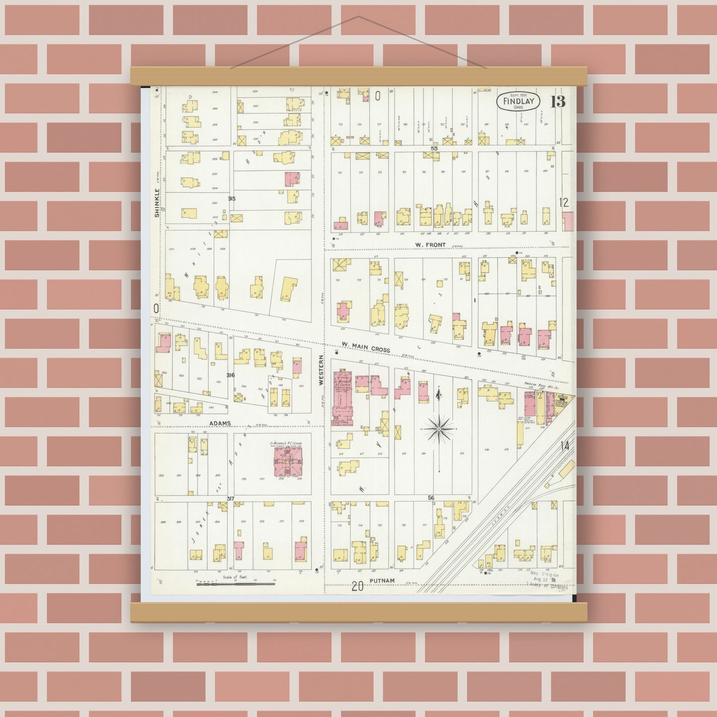 Old map wall art mockup — magnetic wood frame on brick wall — Sanborn Fire Insurance Map from Findlay, Hancock County, Ohio (1901), Sheet #0013