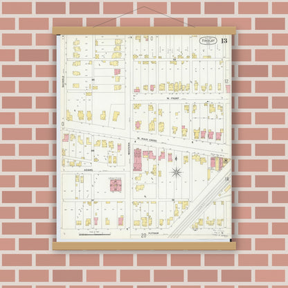 Old map wall art mockup — magnetic wood frame on brick wall — Sanborn Fire Insurance Map from Findlay, Hancock County, Ohio (1901), Sheet #0013