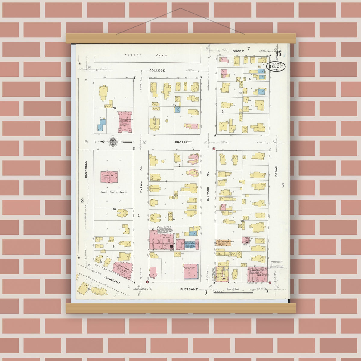 Old map wall art mockup — magnetic wood frame on brick wall — Sanborn Fire Insurance Map from Beloit, Rock County, Wisconsin (1915), Sheet #0006