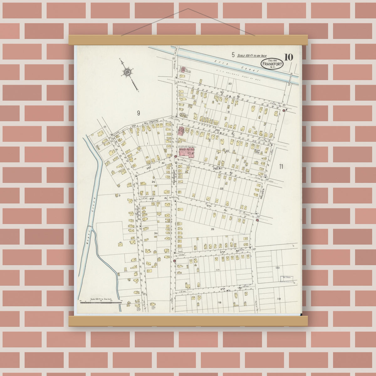 Old map wall art mockup — magnetic wood frame on brick wall — Sanborn Fire Insurance Map from Frankfort, Herkimer County, New York (1914), Sheet #0010