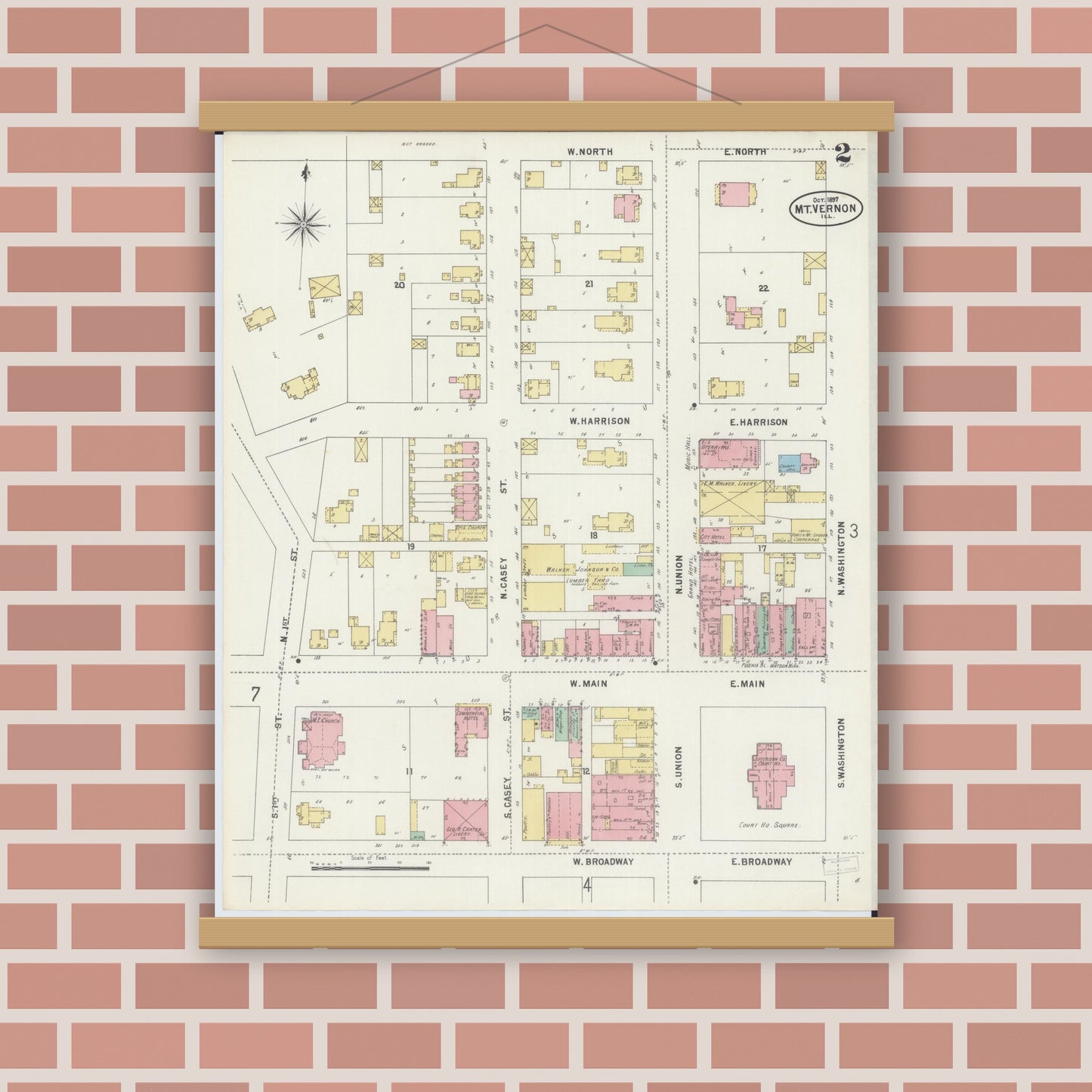 Old map wall art mockup — magnetic wood frame on brick wall — Sanborn Fire Insurance Map from Mount Vernon, Jefferson County, Illinois (1897), Sheet #0002