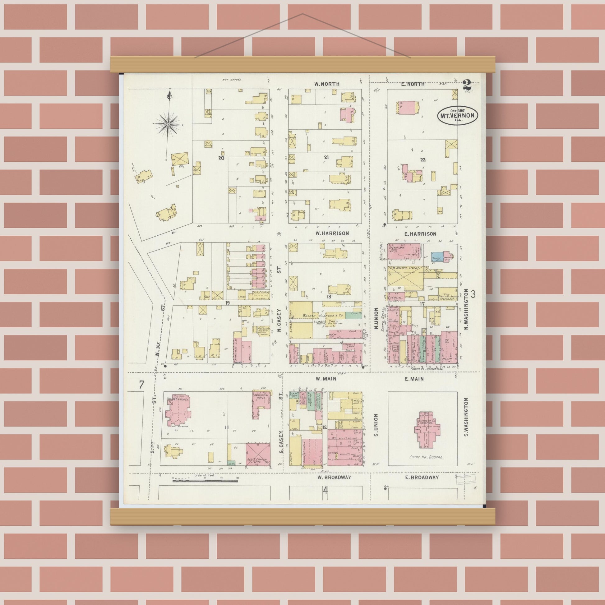 Old map wall art mockup — magnetic wood frame on brick wall — Sanborn Fire Insurance Map from Mount Vernon, Jefferson County, Illinois (1897), Sheet #0002