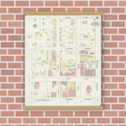 Old map wall art mockup — magnetic wood frame on brick wall — Sanborn Fire Insurance Map from Mount Vernon, Jefferson County, Illinois (1897), Sheet #0002