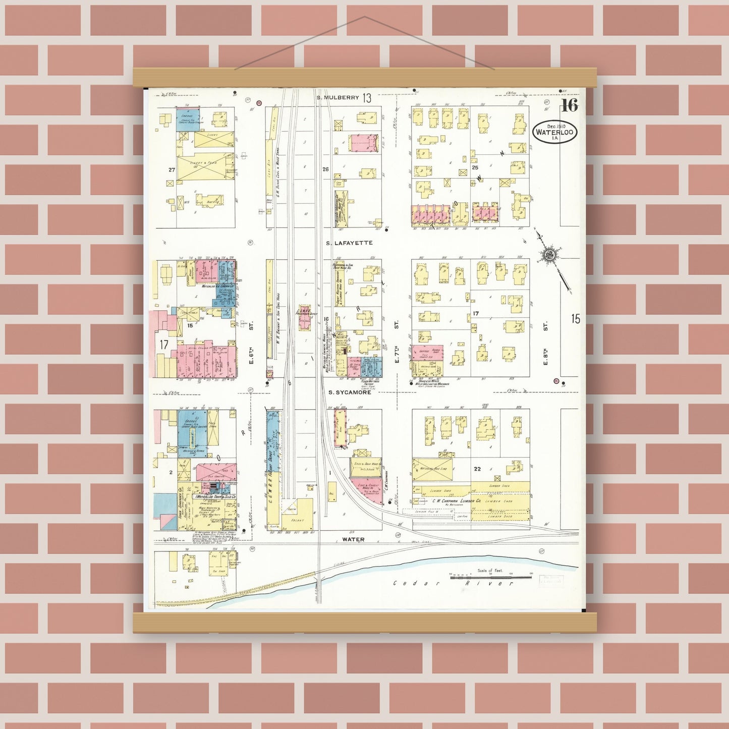 Old map wall art mockup — magnetic wood frame on brick wall — Sanborn Fire Insurance Map from Waterloo, Black Hawk County, Iowa (1910), Sheet #0016