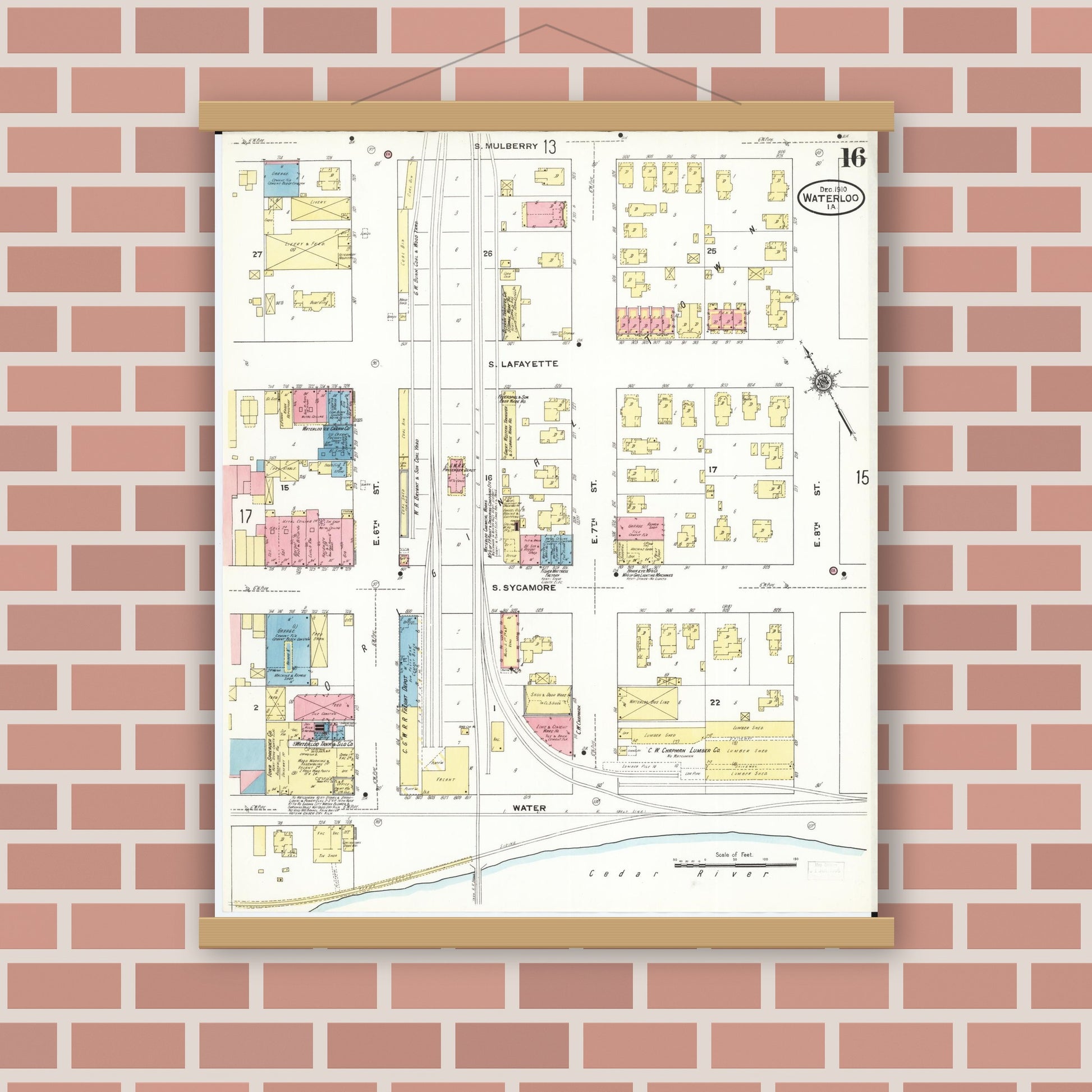 Old map wall art mockup — magnetic wood frame on brick wall — Sanborn Fire Insurance Map from Waterloo, Black Hawk County, Iowa (1910), Sheet #0016