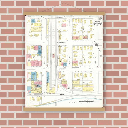 Old map wall art mockup — magnetic wood frame on brick wall — Sanborn Fire Insurance Map from Waterloo, Black Hawk County, Iowa (1910), Sheet #0016
