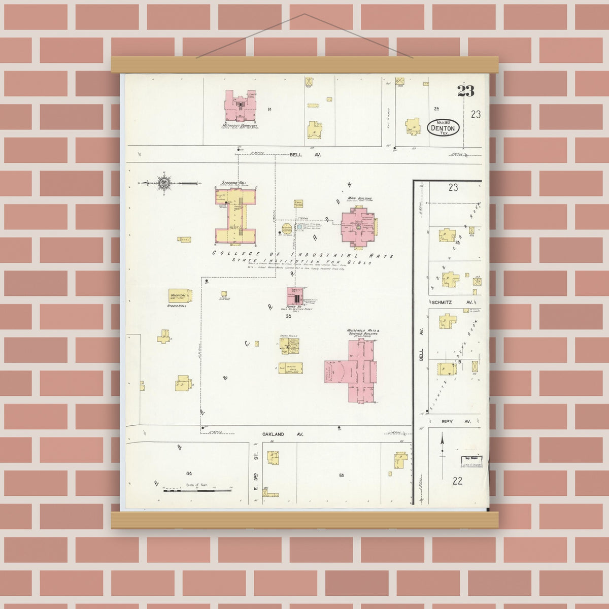 Old map wall art mockup — magnetic wood frame on brick wall — Sanborn Fire Insurance Map from Denton, Denton County, Texas (1912), Sheet #0023