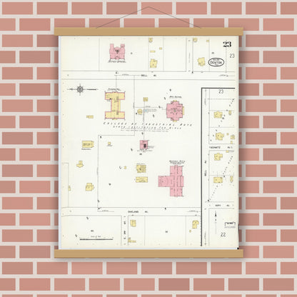 Old map wall art mockup — magnetic wood frame on brick wall — Sanborn Fire Insurance Map from Denton, Denton County, Texas (1912), Sheet #0023