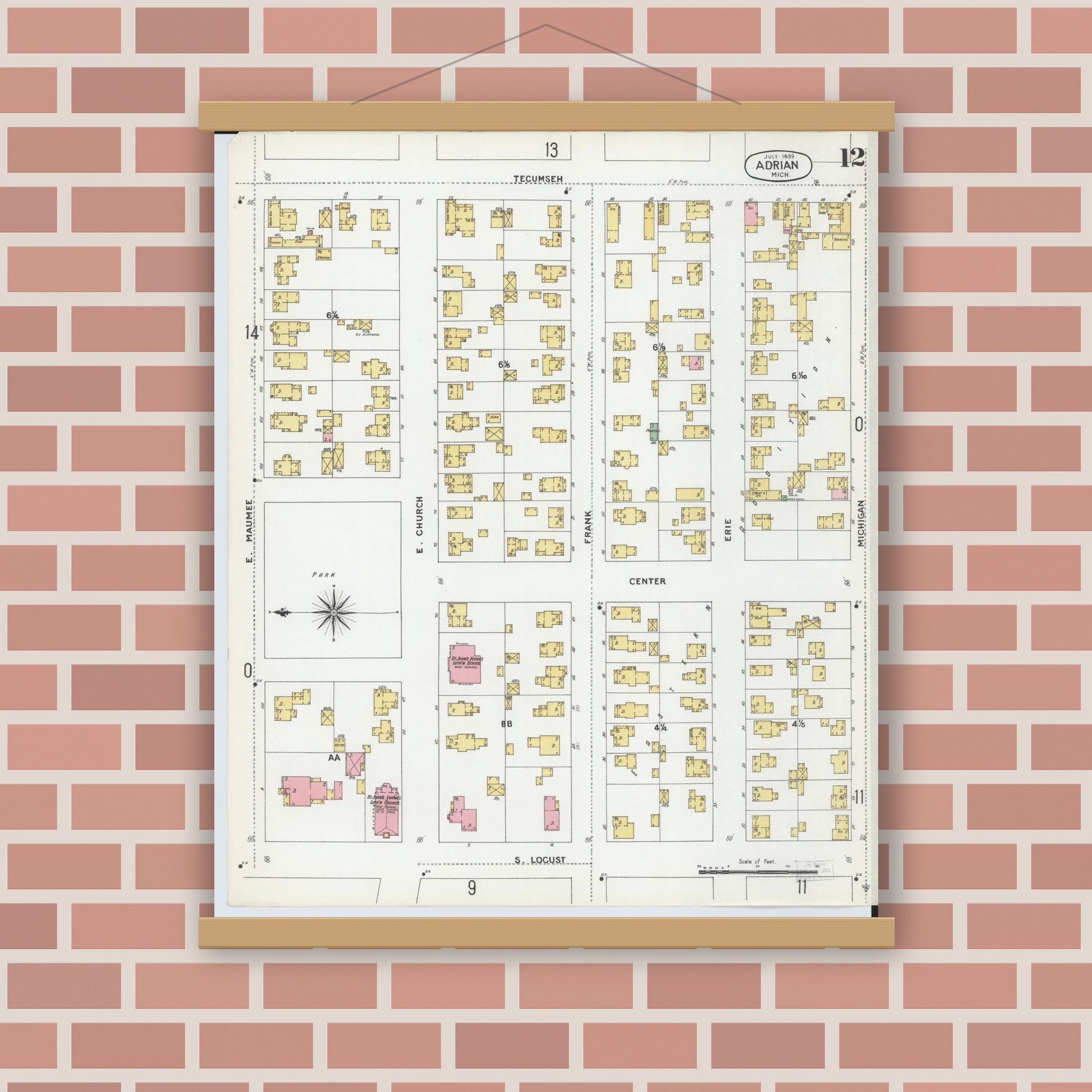Old map wall art mockup — magnetic wood frame on brick wall — Sanborn Fire Insurance Map from Adrian, Lenawee County, Michigan (1899), Sheet #0012