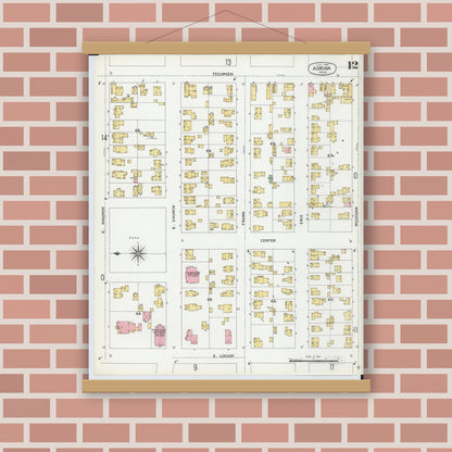 Old map wall art mockup — magnetic wood frame on brick wall — Sanborn Fire Insurance Map from Adrian, Lenawee County, Michigan (1899), Sheet #0012