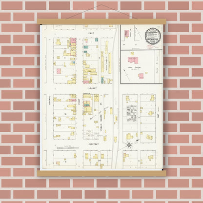 Old map wall art mockup — magnetic wood frame on brick wall — Sanborn Fire Insurance Map from Hopkinton, Delaware County, Iowa (1895), Sheet #0001